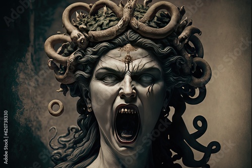 Medusa statue head with extreme anger facial expression. Close up. Front view.