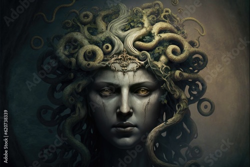 Stone statue of Medusa head with snake coil hair