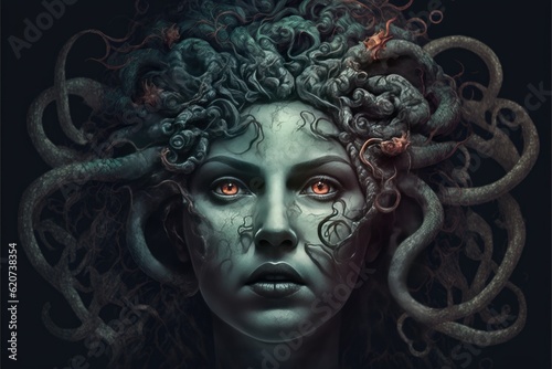 Petrifying gaze Medusa head close up