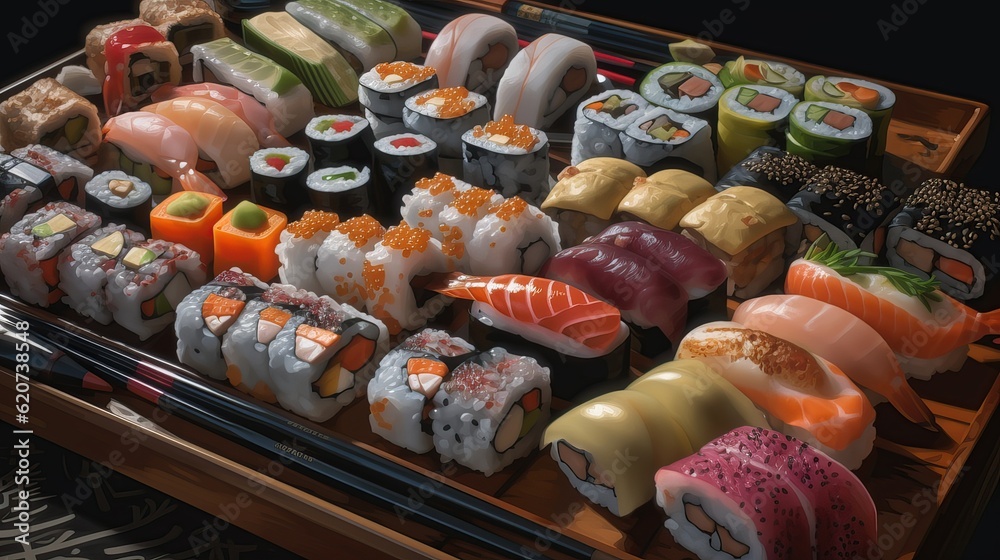 Sushi set background. Huge set of rolls with different stuffing. Salmon, tuna, eel, avocado, cucumber, Philadelphia, cutlets and caviar.