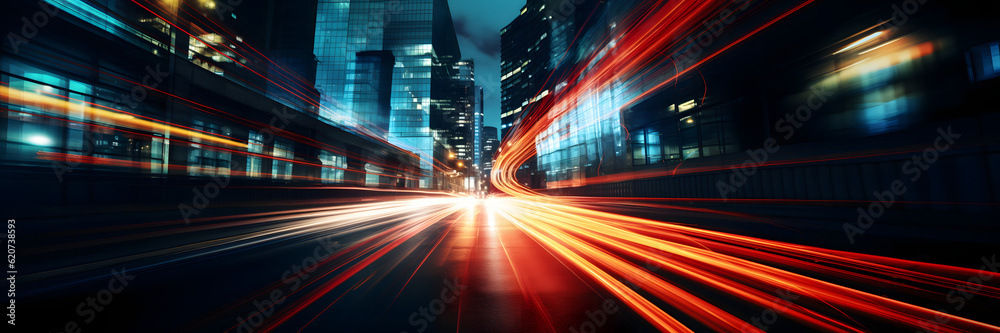 Long exposure dynamic speed light trails on street banner, Abstract speed light trails in urban traffic at night background