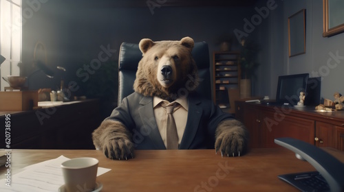 bear wearing formal business suit like a boss in the office: corporate Excellence Personified! Business concept, CEO, accountant, lawyer, writer, teacher, guru, executive. generative ai