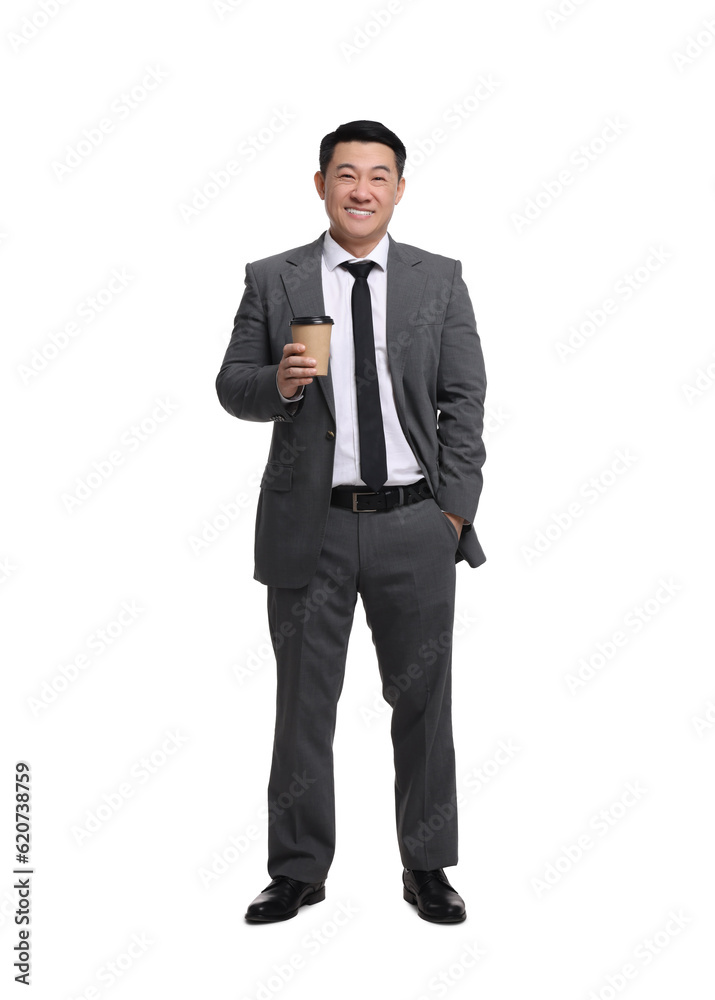 Businessman in suit with cup of drink on white background Businessman in suit with cup of drink on white background