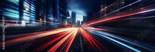 Long exposure dynamic speed light trails on street banner, Abstract speed light trails in urban traffic at night background © MAJGraphics
