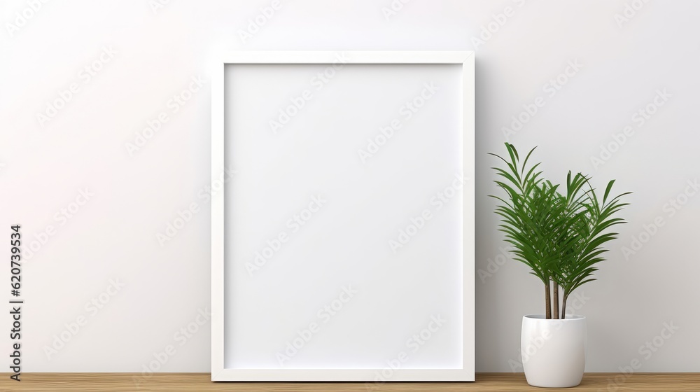 A white picture frame next to a potted plant A white picture frame next to a potted plant