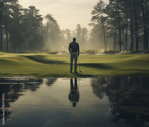 Golf player looking out over a misty golf course 