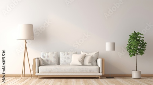A cozy living room with a comfortable couch, a warm lamp, and a vibrant potted plant