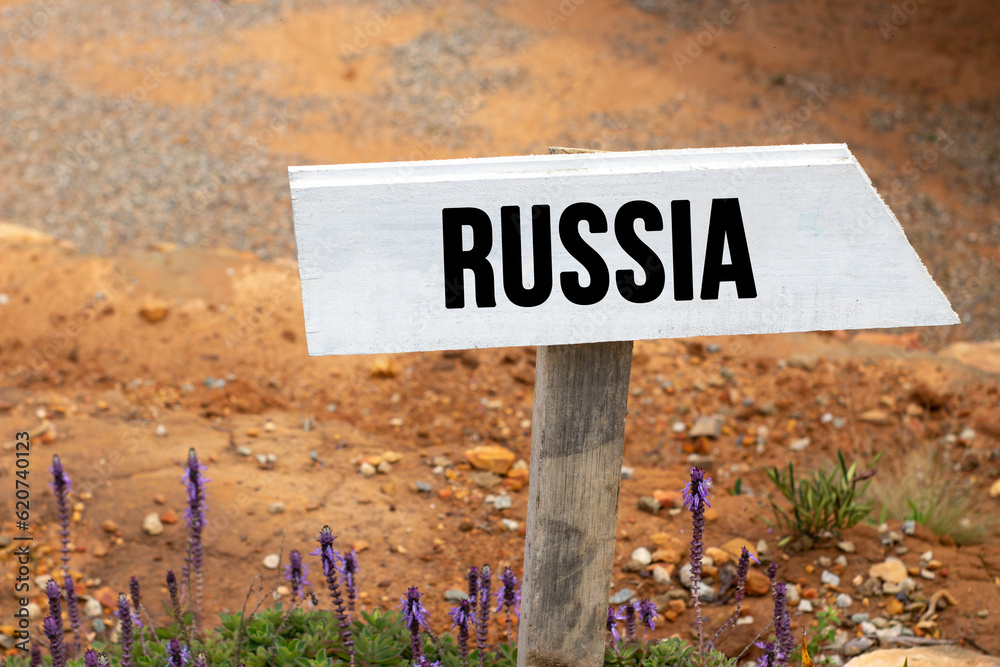 Obraz premium White wooden signpost with the word russia