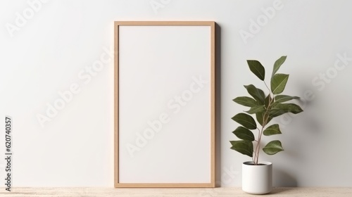 A plant in a white vase next to a wooden frame