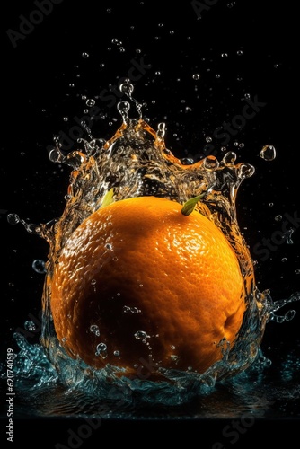 Close up fresh ripe orange covered in water drops on dark surface.