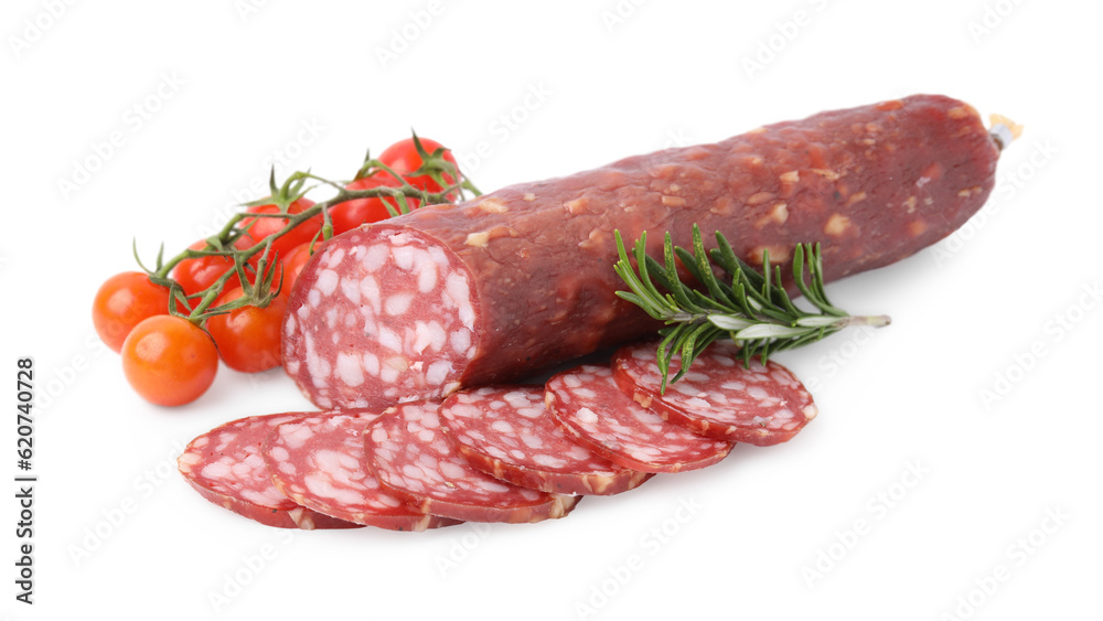 Delicious cut smoked sausage with tomatoes and rosemary isolated on white