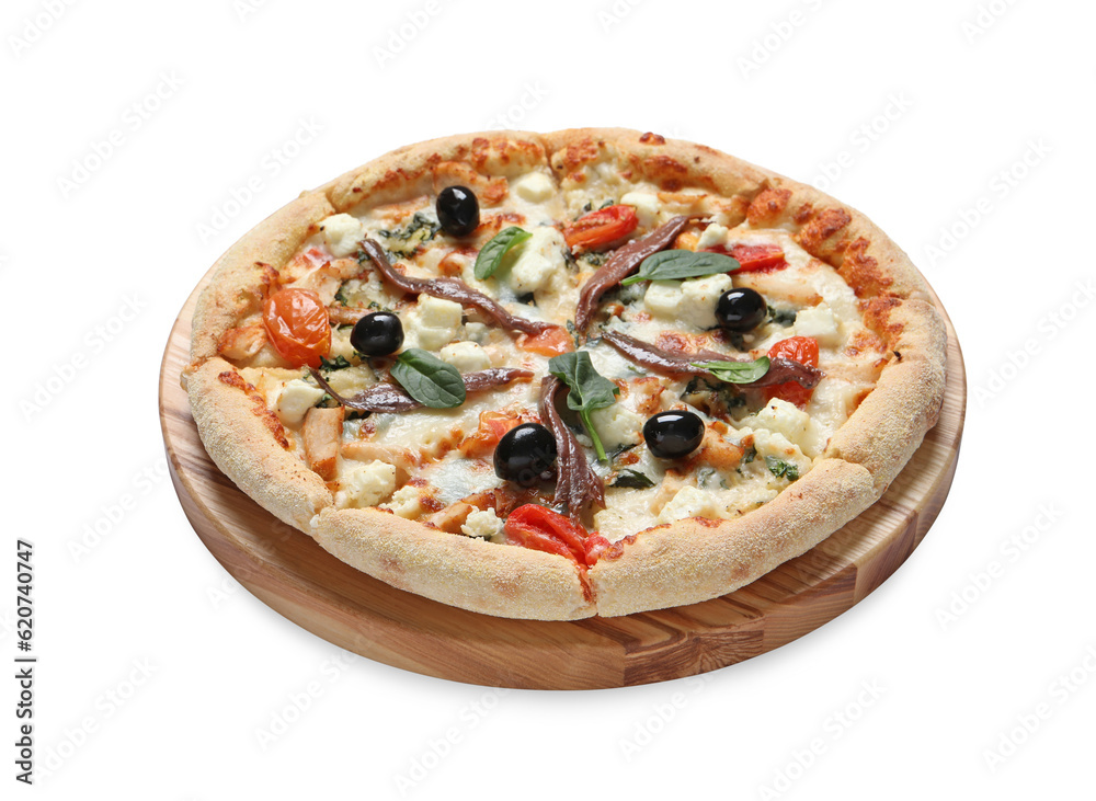 Tasty pizza with anchovies, arugula and olives isolated on white