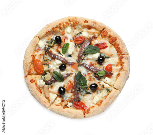 Tasty pizza with anchovies, arugula and olives isolated on white, top view