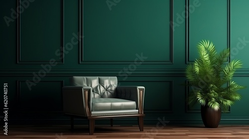 A tranquil green room with a chair and a vibrant potted plant photo