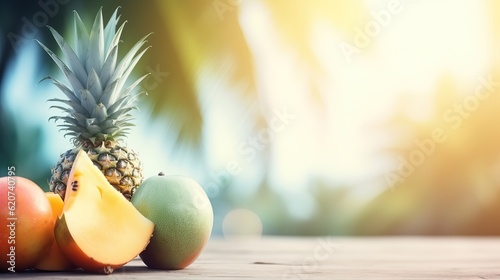Exotic fruits on a wooden table with blurred summer background. Free space. Mock-up. Space for text, copy space. generative AI photo
