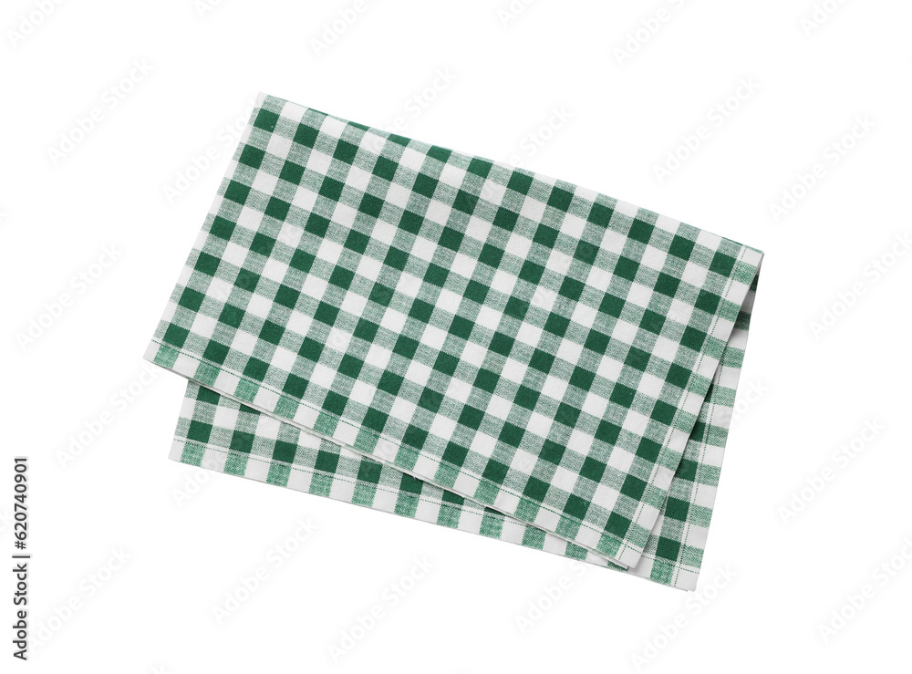 Green checkered tablecloth on white background, top view Green checkered tablecloth on white background, top view