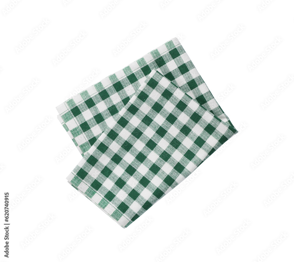 Green checkered tablecloth on white background, top view Green checkered tablecloth on white background, top view