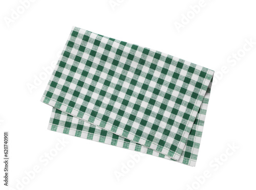 Green checkered tablecloth on white background, top view