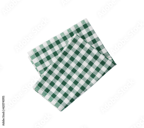 Green checkered tablecloth on white background, top view