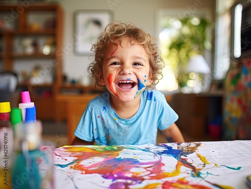 smiling young boy with bright paint on his hands and body