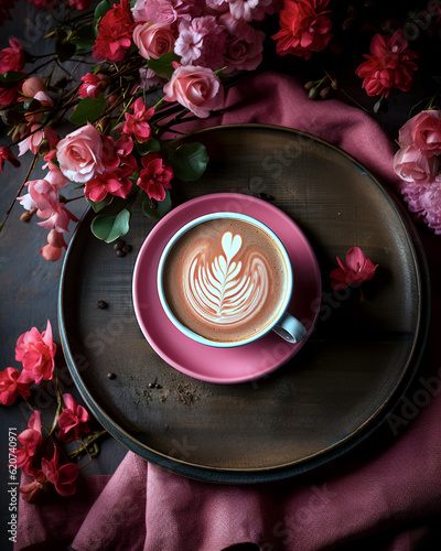 花とピンクの布の上にあるコーヒーを飲めるコーヒータイム