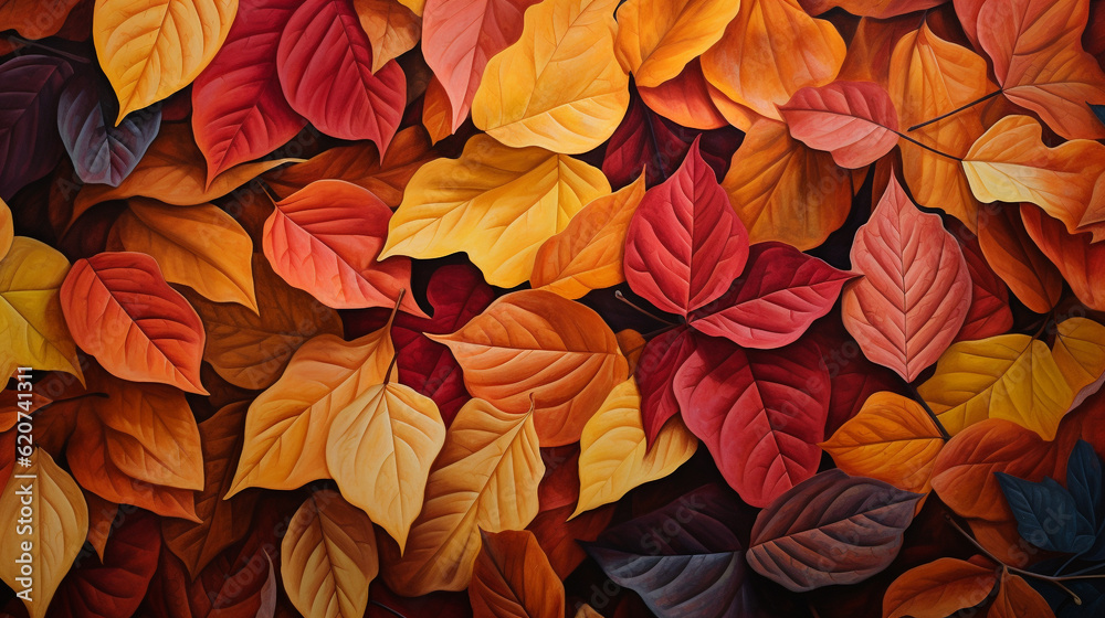 Top view of red, orange, and yellow leaves background, fallen leaves in autumn.Generative ai. Top view of red, orange, and yellow leaves background, fallen leaves in autumn.Generative ai.