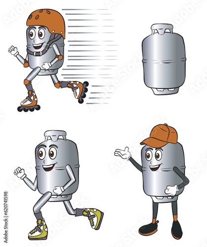 set of 3 kitchen gas cylinder mascots plus a gas cylinder design. Vector illustration isolated on white background.