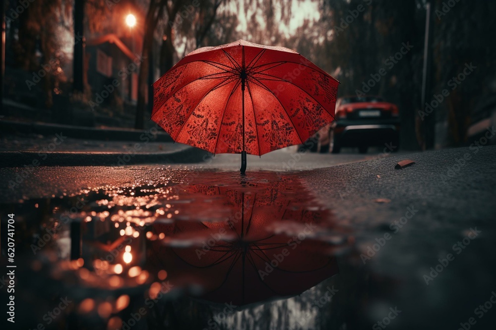 Red umbrella & raindrops reflected in a puddle. Generative AI