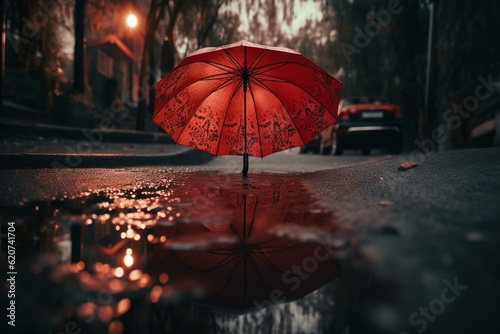 Red umbrella & raindrops reflected in a puddle. Generative AI