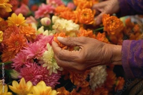 A flower vendor arranges a vibrant bouquet, surrounded by an array of colorful blooms. Generative AI © Mustafa