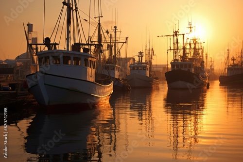 In the calm of early morning, a fleet of fishing boats prepares to set sail. Generative AI