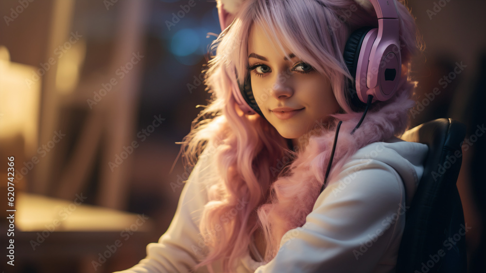 Fototapeta premium Enchanted Gaming: Female Gamer Immersed in Streaming