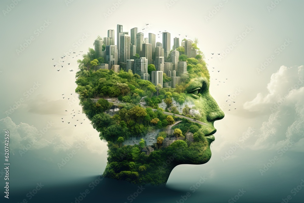 Double exposure of person thinking about green city, sustainability, urban planning, city planning, climate change, urbanization, renewable energy, green energy, carbon footprint. Generative AI