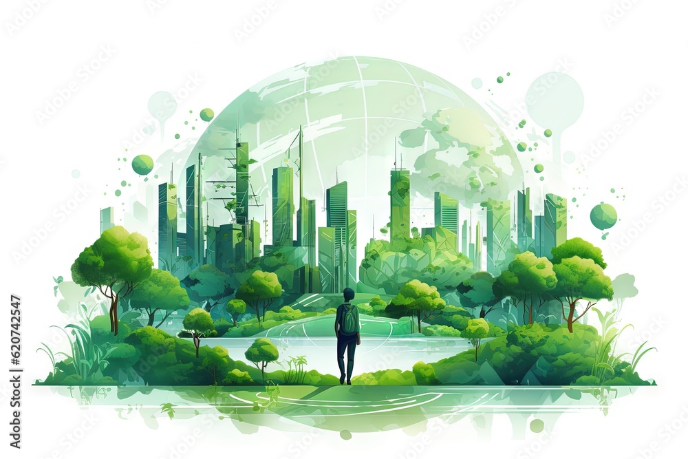 Graphic illustration of a person stepping into green city ...