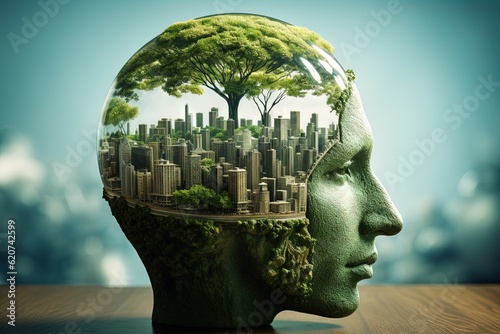 Double exposure of person thinking about green city, sustainability, urban planning, city planning, climate change, urbanization, renewable energy, green energy, carbon footprint. Generative AI © Paul