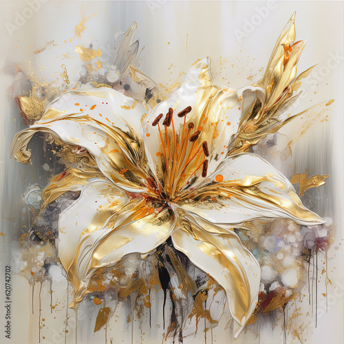 Abstract floral oil painting. Gold and yellow lily on white background