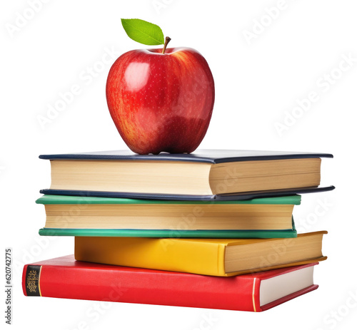 Books With Apple on Top Isolated on Transparent Background - Generative AI
