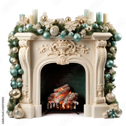 Fireplace mantel decor, Christmas themed, isolated on transparent background, PNG