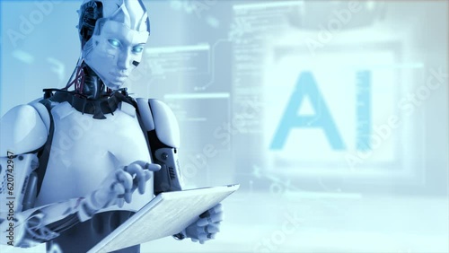 High quality rotating CGI shot of a humanoid AI robot using an iPad style tablet with mathematical equations and scrolling data in the air around him, in cold blue color scheme