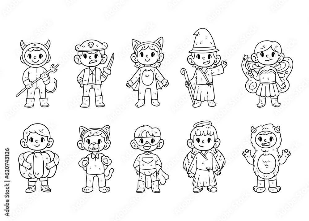 Set of halloween costume kids character outline sketch hand-drawn collection Set of halloween costume kids character outline sketch hand-drawn collection