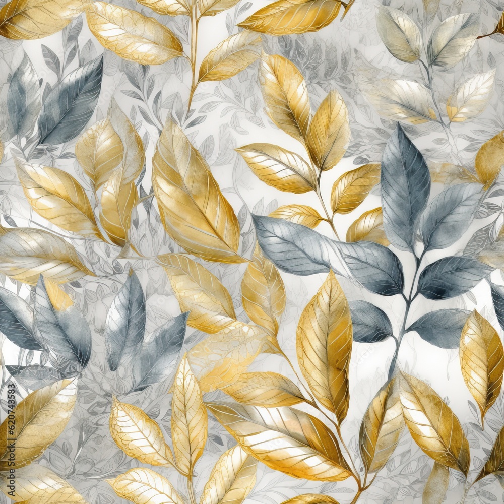 Luxury leaves banner. Floral horizontal ornament for cover, wallpapers, postcards. Elite seamless gold and silver pattern. Elegant leaves. Interior, textile. Cartoon illustration. Generative AI