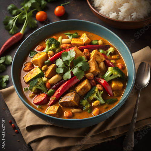 A vibrant bowl of exotic vegetable curry, brimming with a colorful assortment of fresh vegetables cooked in a fragrant and flavorful curry sauce