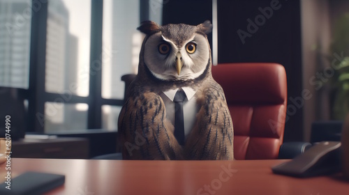 owl wearing formal business suit like a boss in the office: corporate Excellence Personified! Business concept, CEO, accountant, lawyer, writer, teacher, guru, executive. generative ai
