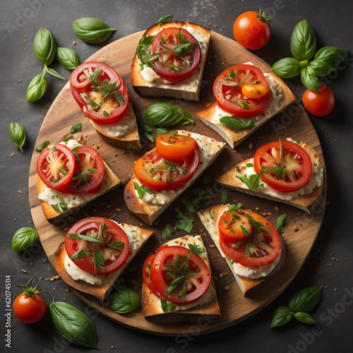 n appetizing platter of bruschetta, featuring slices of crusty bread toasted to perfection, topped with juicy tomatoes, fragrant basil, drizzled with balsamic glaze