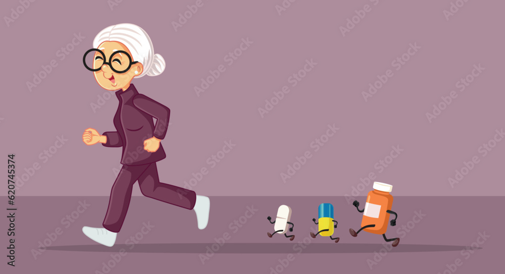 Elderly Woman Running Away from Pills and Health Problems Concept Illustration. Active senior lady feeling energetic staying away from diseases 
