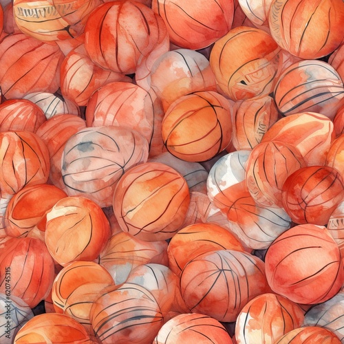 Countless beautiful detailed  painted watercolor backetballb balls pattern for a timeless look. Generative AI