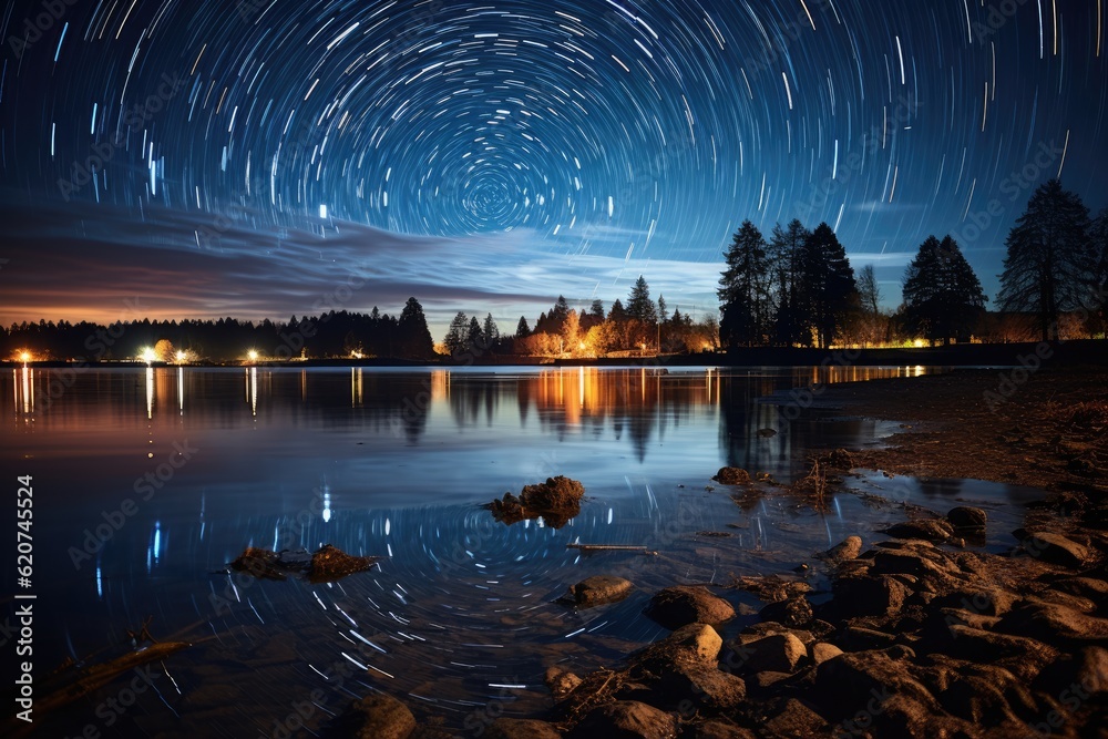 Long exposure shot of a starry night sky over a tranquil lake, the stars' trails. Generative AI