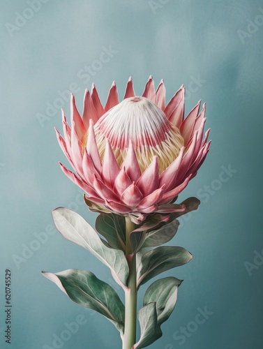 Pink protea flower copy space background. AI Generated