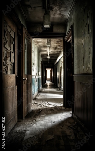 Abandoned Asylum. Old creepy abandoned rotten ruined corridor in old building. Generative AI © InspiringMoments