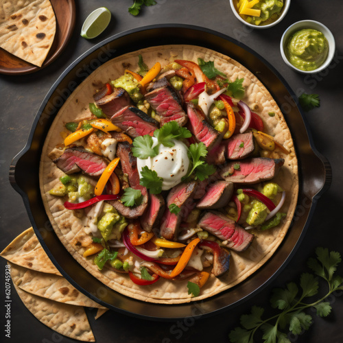 A sizzling skillet of steak fajitas, featuring tender grilled steak slices, sizzling peppers and onions, served with warm tortillas, sour cream, guacamole, and salsa